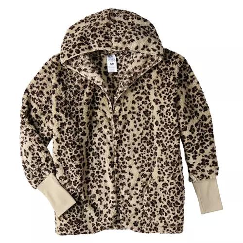Ladies Sherpa Hoodie Jacket - Leopard, S/M