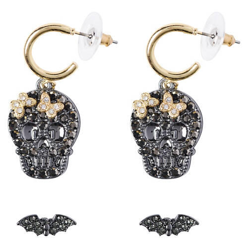2 Pack Halloween Earrings - Skeleton Head & Bat