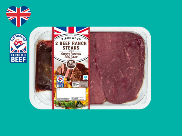 Birchwood 2 British Beef 28-Day Matured Ranch Steaks with a Smoked Bourbon BBQ Sauce