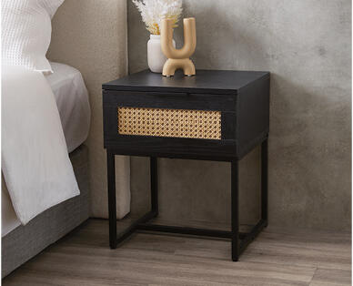 Rattan Bedside Table – Black w/ Rattan