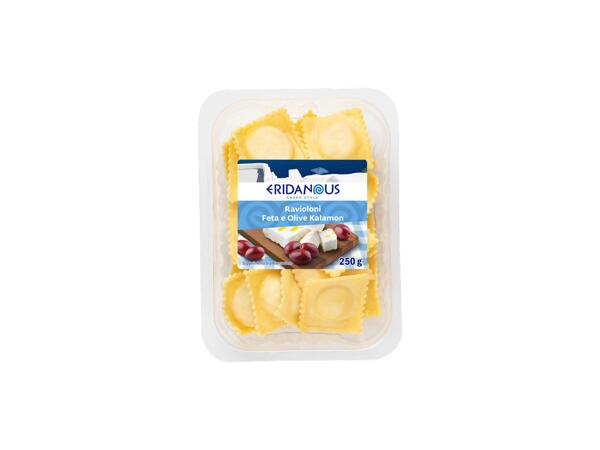 Ravioloni with feta cheese and kalamon olives