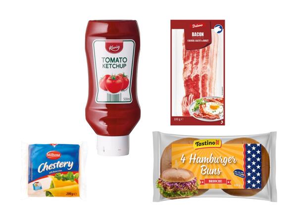 Tomatketchup, bacon i skiver, cheddar toastost og brioche burgerboller