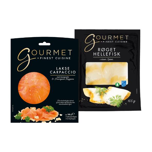 GOURMET 	 				Laksecarpaccio eller røget hellefisk