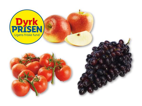 Mørke stenfri vindruer, stilktomater eller æbler