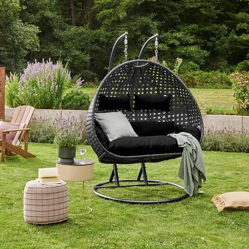 HOME DELUXE TWIN Polyrattan Hängesessel mit Regenabdeckung - Schwarz für 2 Personen