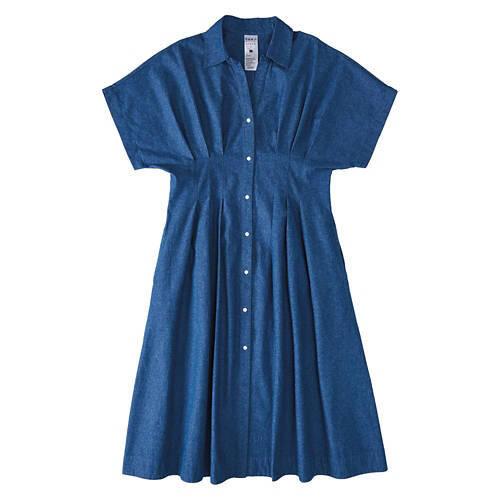 Ladies Pleated Front Woven Dress - Blue, M