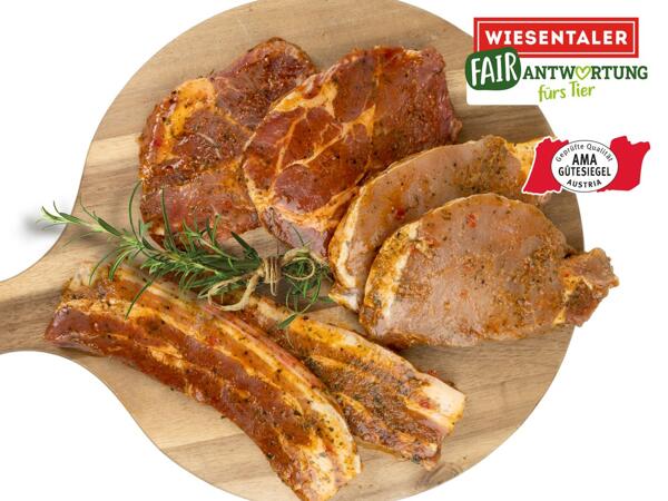Frische Karreesteaks, Schopfsteaks oder Bauchstreifen mariniert