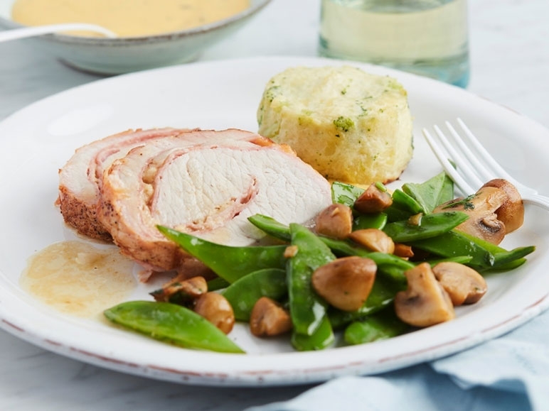 Rôti Orloff, gratin de pommes de terre et légumes