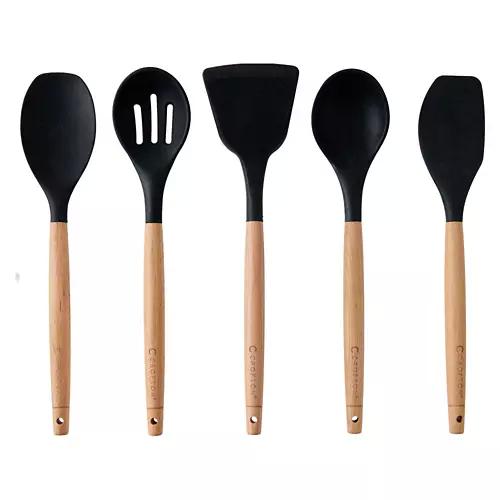 5 Piece Wood & Silicone Utensil Set, Black