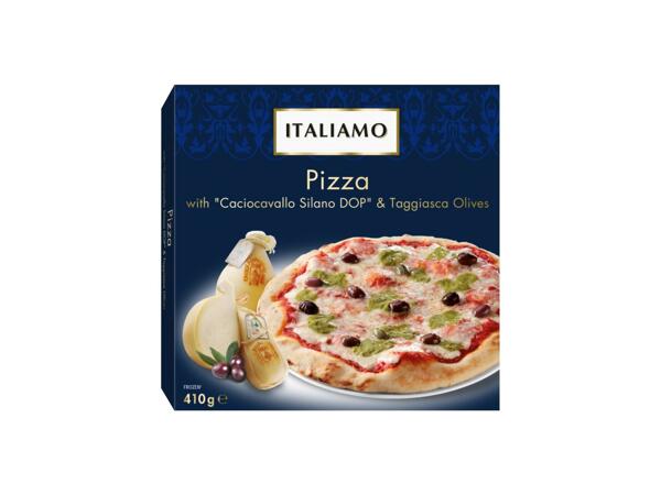 Pizza with "Caciocavallo Silano PDO" and Taggiasca Olives