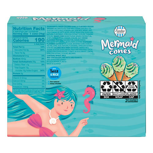 Green Colored Vanilla Flavor Mermaid Cones, 4 count