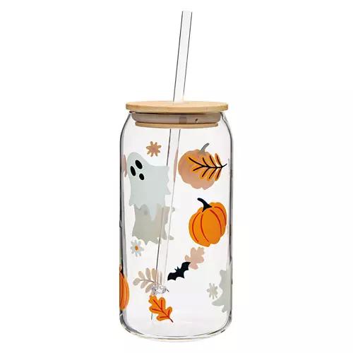 Halloween Glass Cup with Lid, Ghosts & Pumpkins