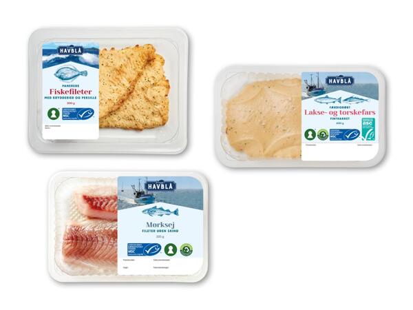 HAVBLÅ Mørk­sejfilet, lakse- og torskefars eller panerede fiskefileter