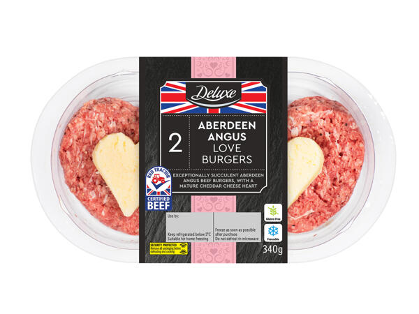 Deluxe 2 Aberdeen Angus British Beef Love Burgers with a Mature Cheddar Cheese Heart