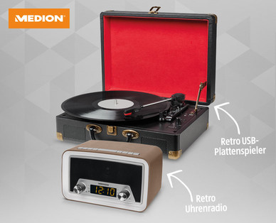 MEDION Retro USB-Plattenspieler / Retro Uhrenradio