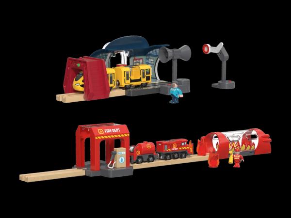 Holz Eisenbahn Bahnhof/Feuerwehr Einsatz-Set