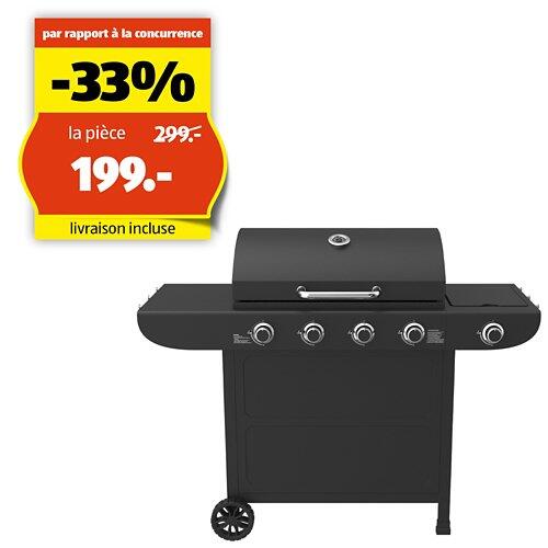 MR GRILL Barbecue à gaz avec 4 brûleurs + 1 brûleur latéral, noir