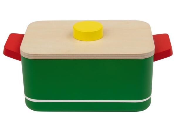 Wooden toy scales or toy saucepan set
