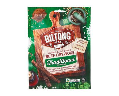 The Biltong Man Cured and Air Dried Beef Drywors Traditional Sausage 100g