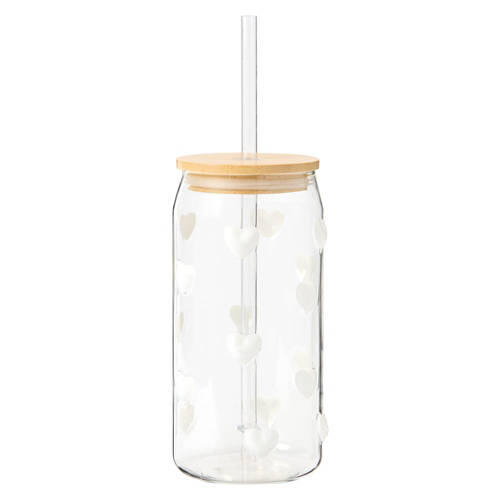 16 oz Glass Cup with Straw - White Hearts