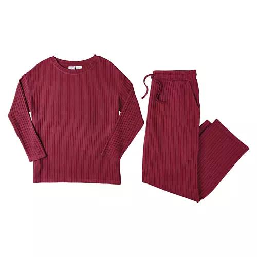 2 Piece Ladies Long Sleeve Loungewear Set - Red, L