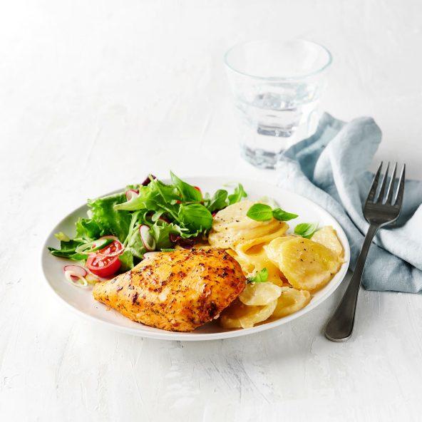 Marineret kyllingefilet med flødekartofler