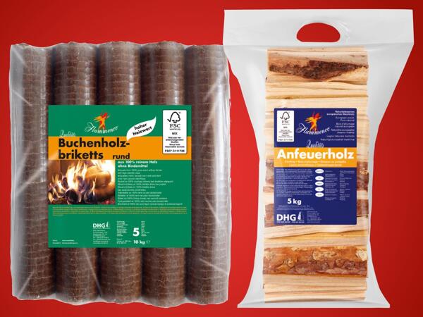 Anfeuerholz oder runde Holzbriketts