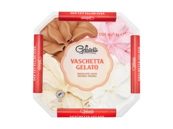 Fior di Latte, Cocoa, Hazelnut and Strawberry Ice Cream Tub
