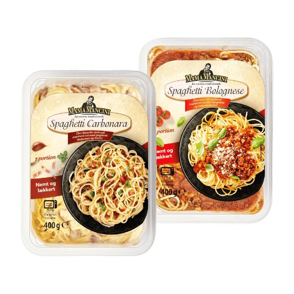 MAMA MANCINI 	 				Spaghetti Carbonara eller Spaghetti Bolognese