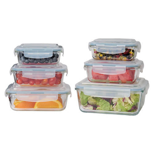 12 Piece Rectangle Shaped Glass Food Containers, Blue