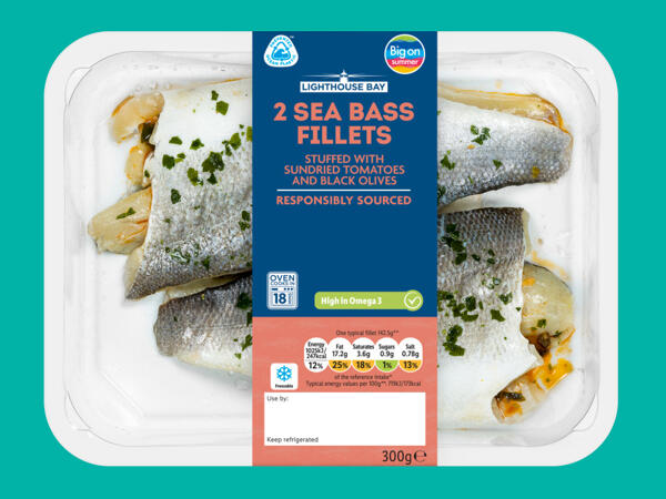 Lighthouse Bay 2 Sea Bass Fillets Stuffed with Sundried Tomatoes and Black Olives