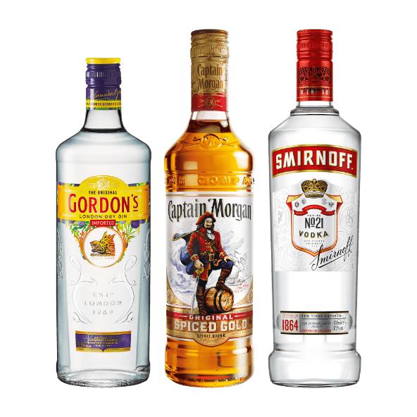 Smirnoff vodka, Gordon's gin eller Captain Morgan spiced rom