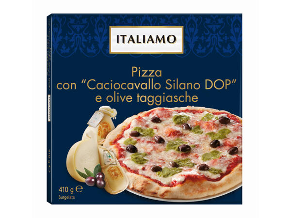 Pizza with "Caciocavallo Silano PDO" and Taggiasca Olives