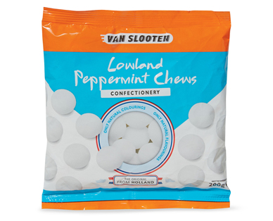 LOWLAND LIQUORICE PINS OR PEPPERMINT CHEWS 200G