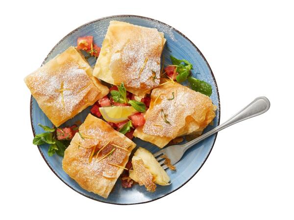 Bougatsa with Vanilla Flavour Filling with Cinnamon Stick and Sugar Sachet