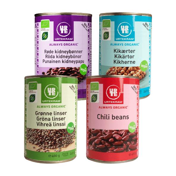 Økologiske Kikærter, Kidneybønner, Grønne linser eller Chili beans