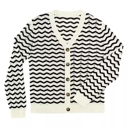 Ladies Pointelle Cardigan - Striped, M