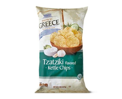 Journey To... 
 Greece Rosemary & Feta or Tzatziki Krinkle Cut Kettle Chips