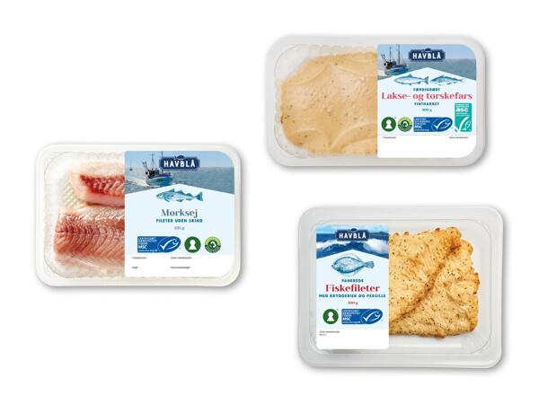 HAVBLÅ Lakse- og torskefars, mørk­sejfilet eller panerede fiskefileter