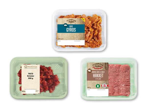 MEATGROUP/VILSTRUPGÅRD Tacostrimler, fersk gyros eller hakket dansk gris og kalv