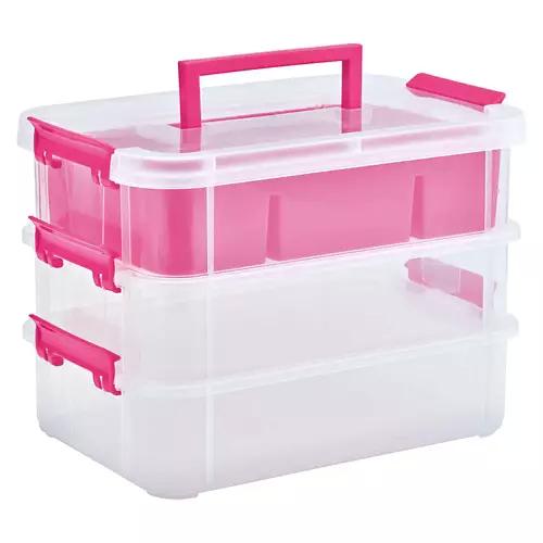 3 Layer Stackable Storage Box with Handle, Pink