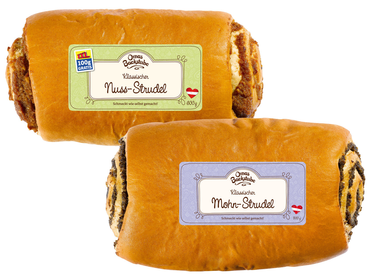OMAS BACKSTUBE Nuss-/Mohn-Strudel 500 g + 100 g gratis
