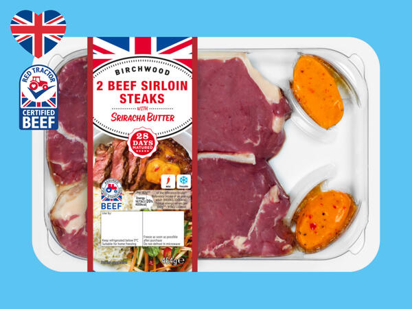 2 Beef 28-Day Matured Sirloin Steaks with Sriracha Butter