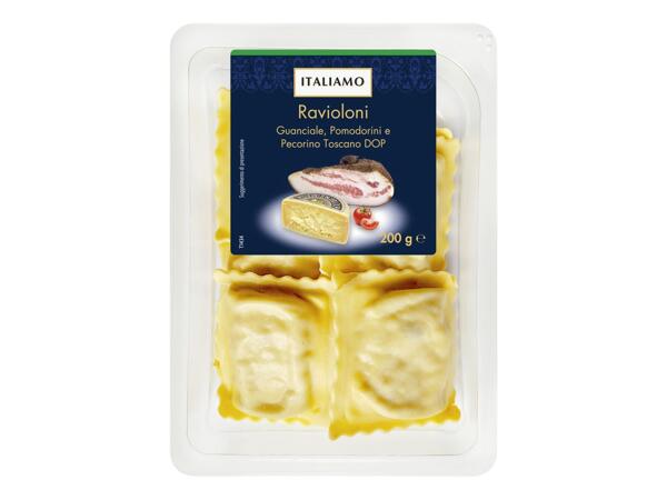 Ravioloni with Guanciale, Cherry Tomatoes and "Pecorino Toscano PDO"