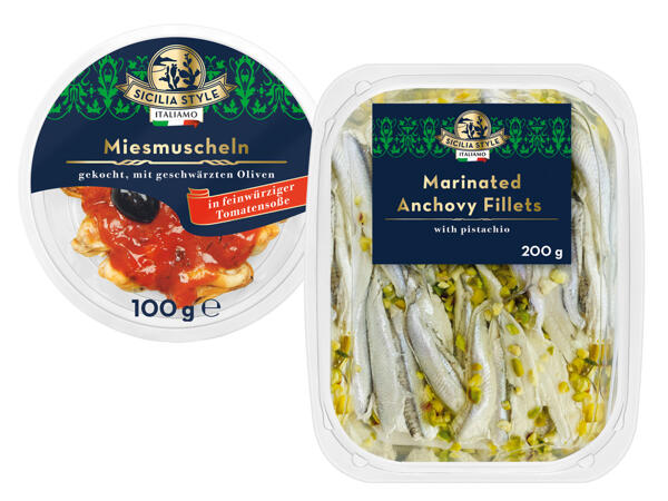 Sardellenfilets mit Pistazien oder Meeresfrüchtemischung