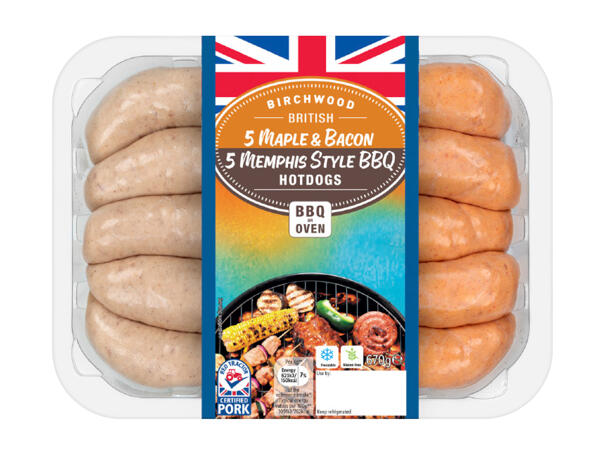 Birchwood 5 Maple & Bacon and 5 Memphis- Style BBQ British Pork Hot Dogs
