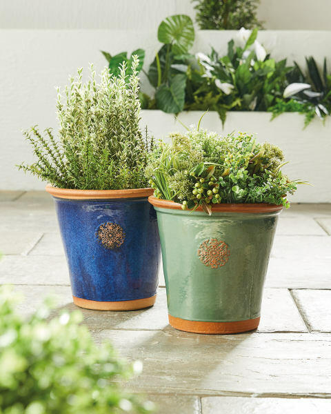 Blue Glazed Pot With Terracotta Rim