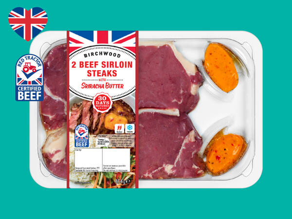 2 Beef 30-Day Matured Sirloin Steaks with Sriracha Butter