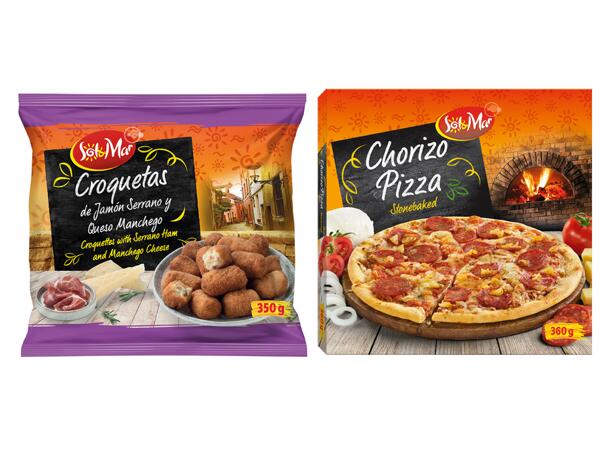 Pizza med chorizo/ kroketter