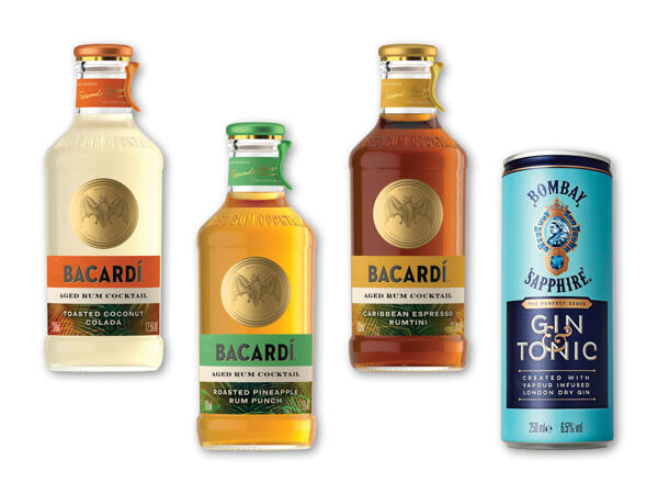 Bombay Sapphire gin og tonic eller Bacardi rom cocktail
